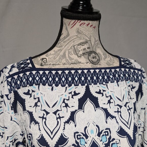 Studio One Women's Navy Blue White Printed Shift Boho Chic Dress Size Medium - Picture 3 of 9